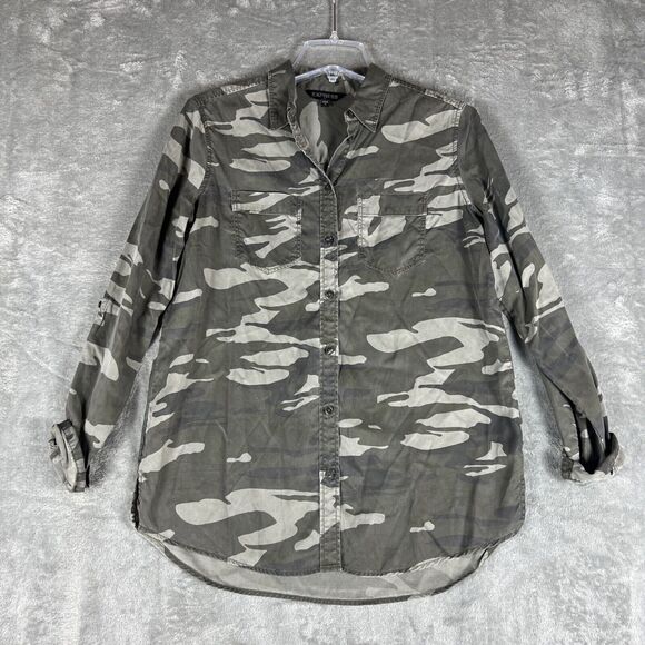 Express Women Small Camouflage Green Boyfriend Fit Long Sleeve Button‎ Top - Picture 1 of 6